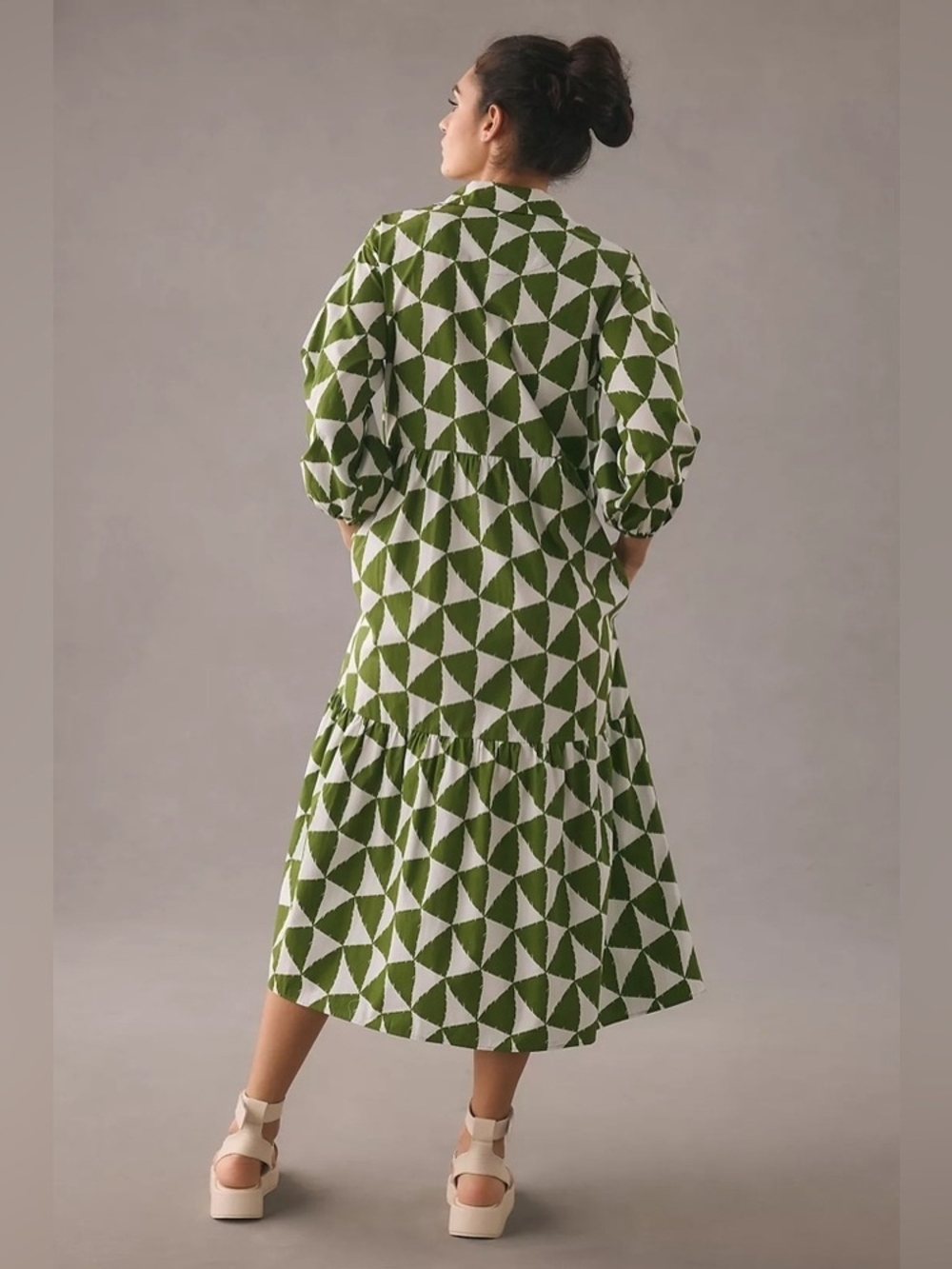 Anthropologie Olive and White Geometric Collared Bettina Maxi Dress - Picture 2 of 7